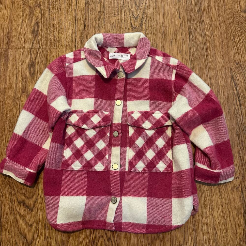 Zara kids pink white plaid jacket girl shirt size 4-5 collared front buttons